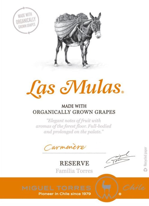 Miguel Torres Las Mulas Reserva Carmenere 2012 Front Label