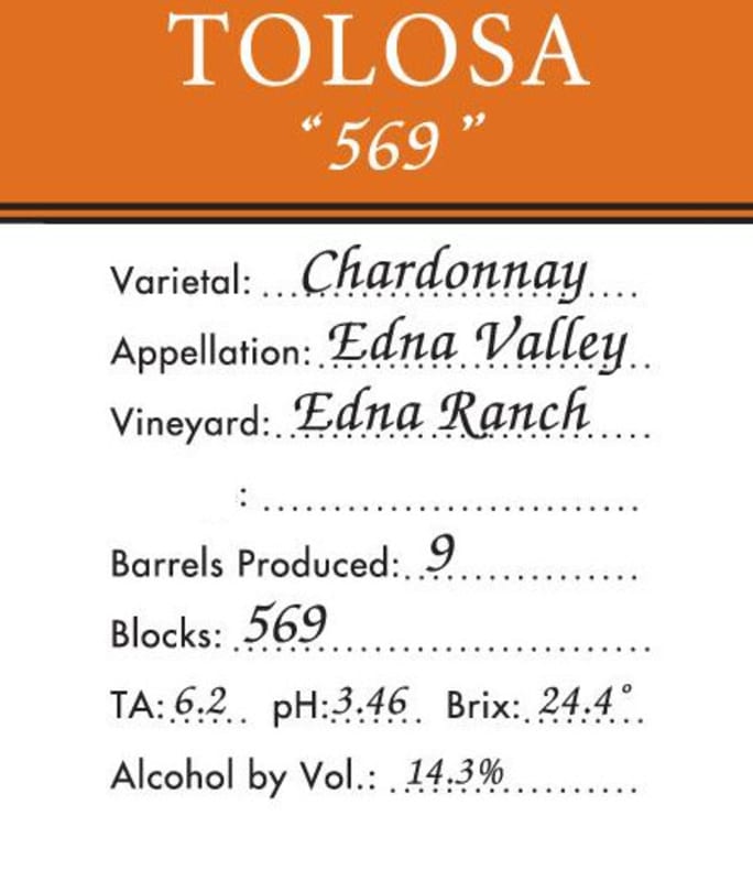 Tolosa Winery 569 Chardonnay 2012 Front Label