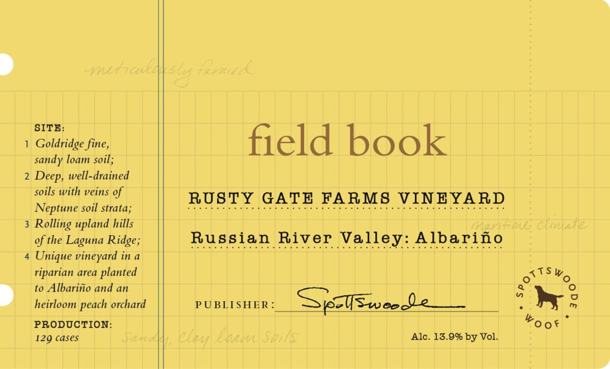 Spottswoode Field Book Rusty Gate Farms Vineyard Albarino 2016 Front Label