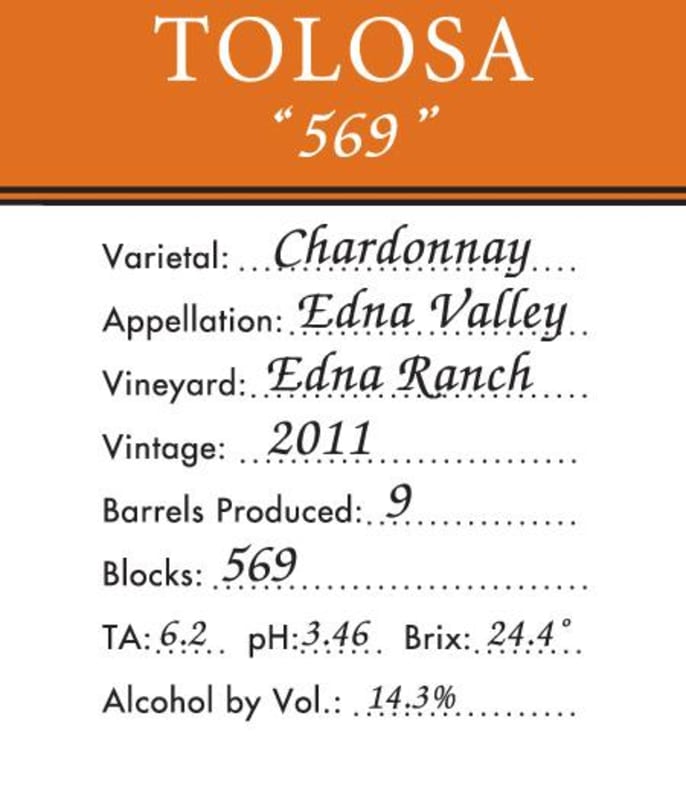 Tolosa Winery 569 Chardonnay 2011 Front Label