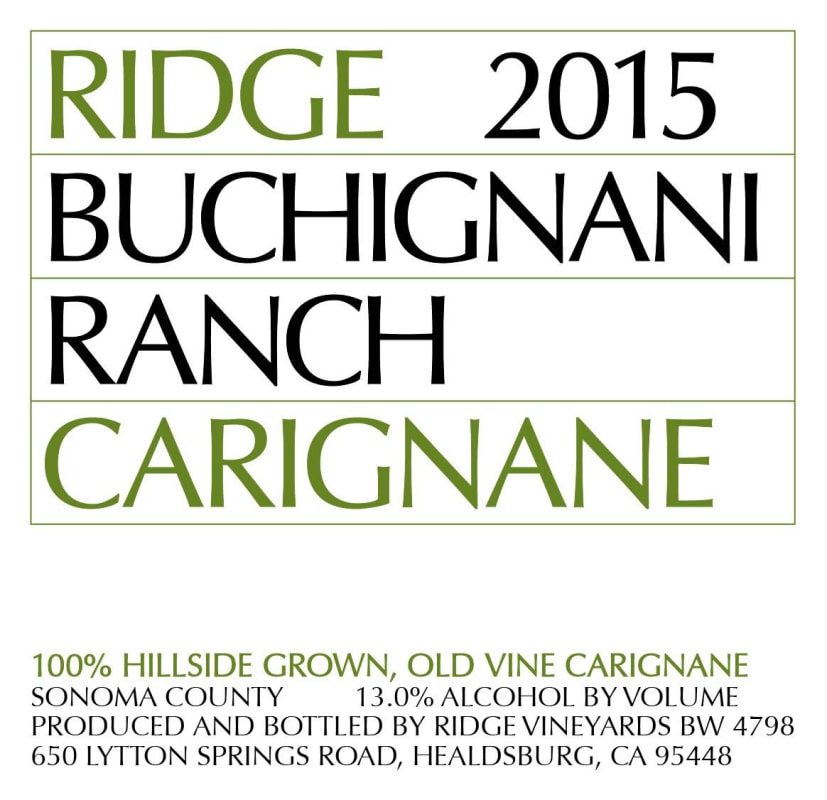 Ridge Buchignani Ranch Carignane 2015 Front Label