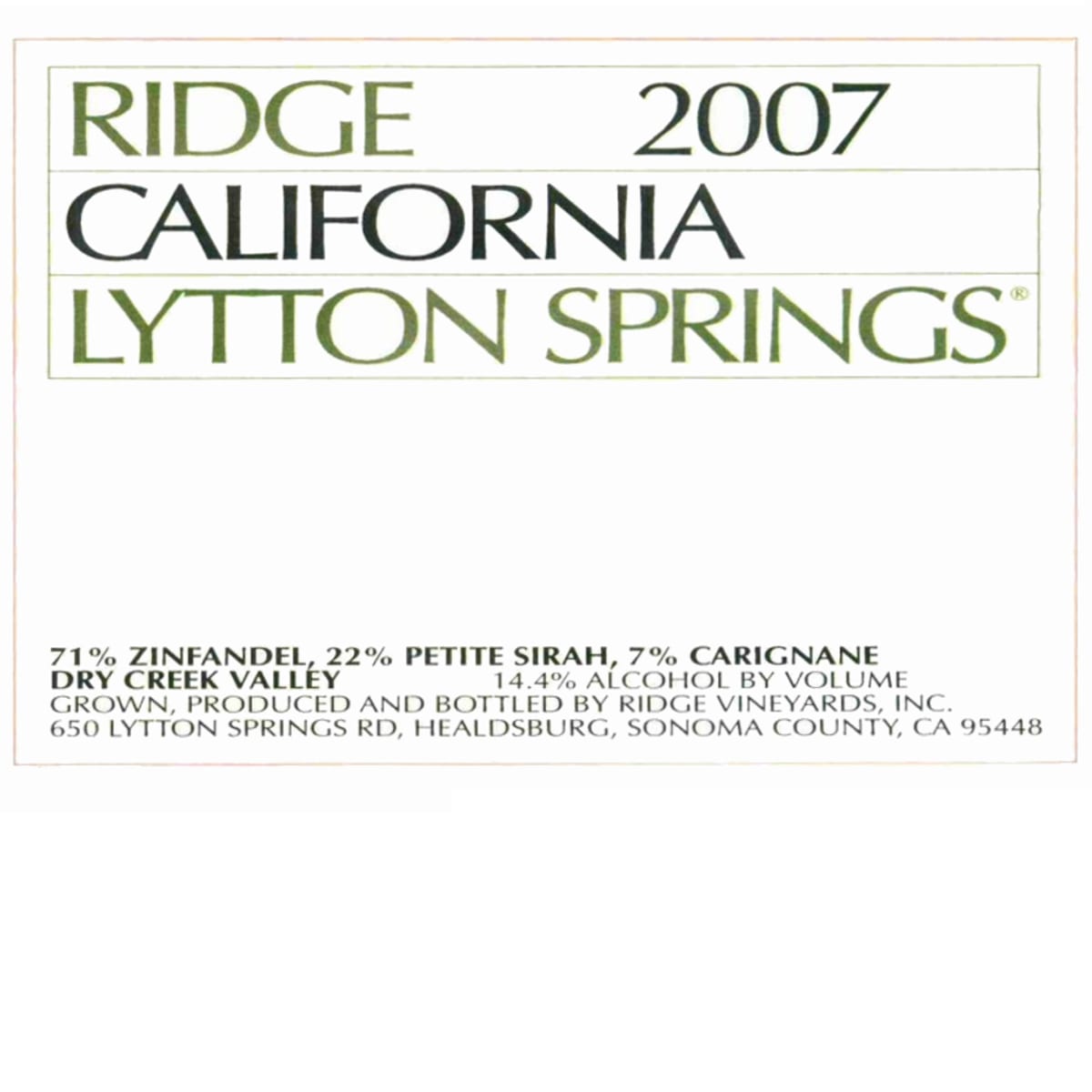 Ridge Lytton Springs Red Blend 2007 Front Label