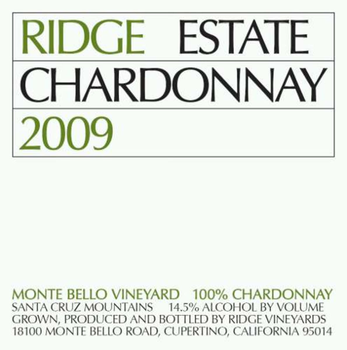 Ridge Estate Chardonnay 2009 Front Label