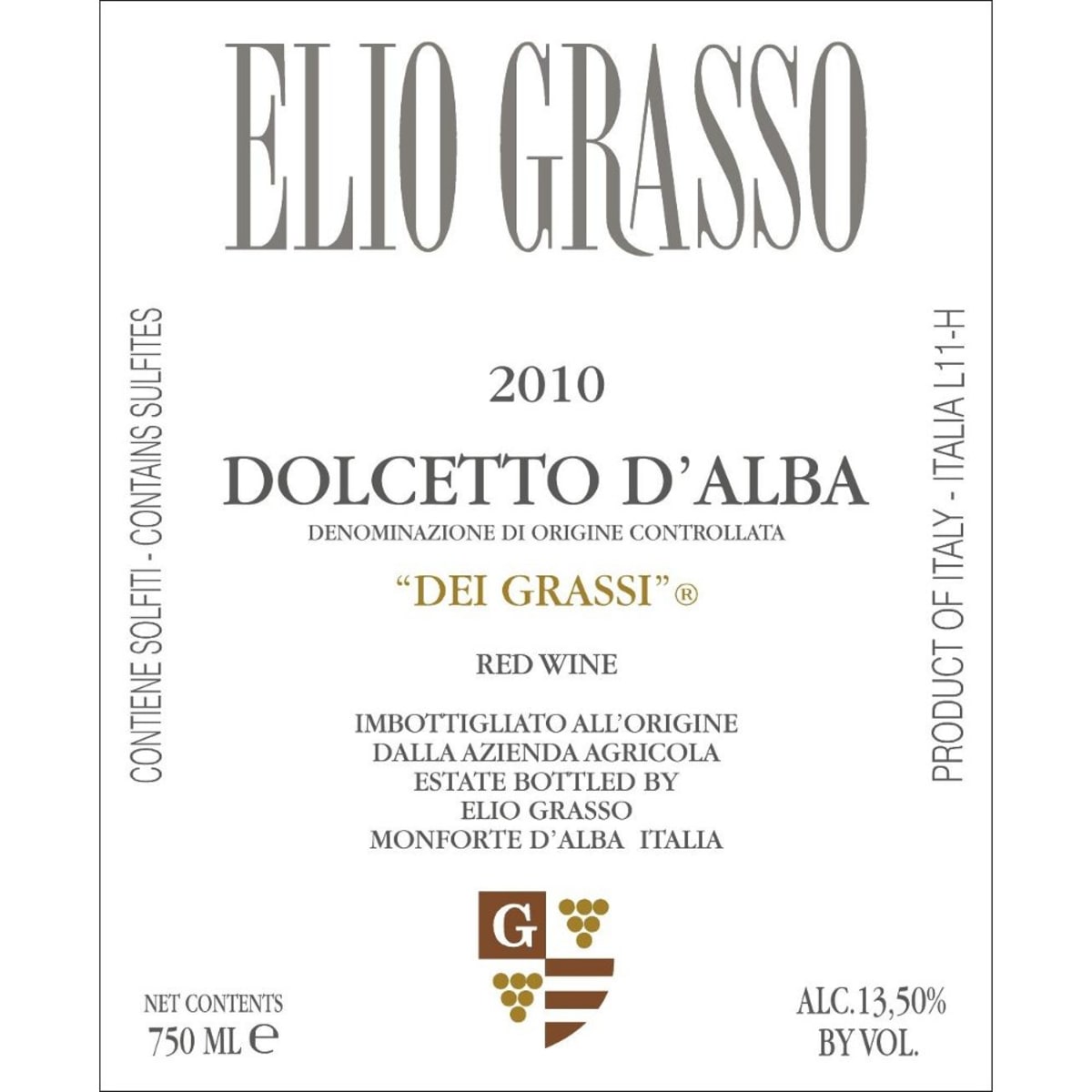Elio Grasso Dolcetto d'Alba Dei Grassi 2010 Front Label