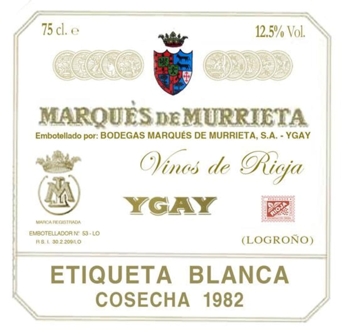 Marques de Murrieta Ygay Etiqueta Blanca 1982 Front Label