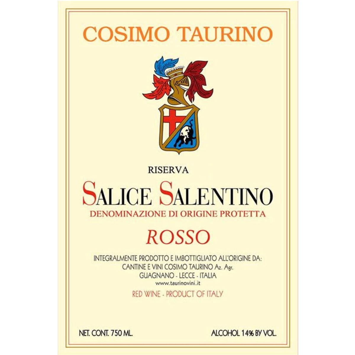 Taurino Salice Salentino Riserva 2009 Front Label