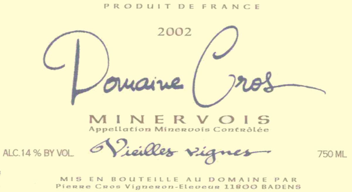 Domaine Pierre Cros Minervois Vieilles Vignes 2002 Front Label