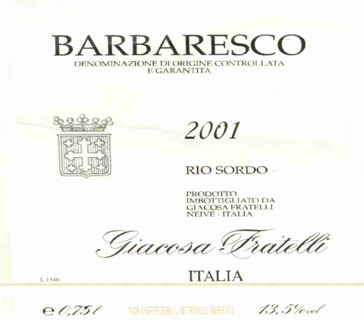 Giuseppe Giacosa Barbaresco Rio Sordo 2001 Front Label