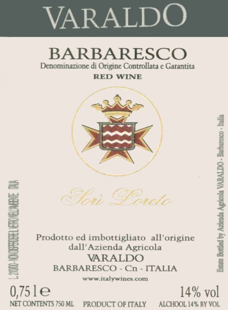 Varaldo Barbaresco Sori Loreto 2000 Front Label