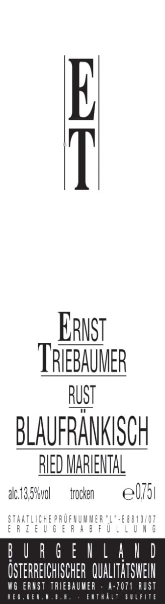 Ernst Triebaumer Ried Mariental Blaufrankisch 2009 Front Label