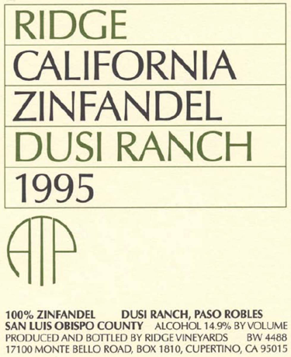 Ridge Dusi Ranch Zinfandel 1995 Front Label