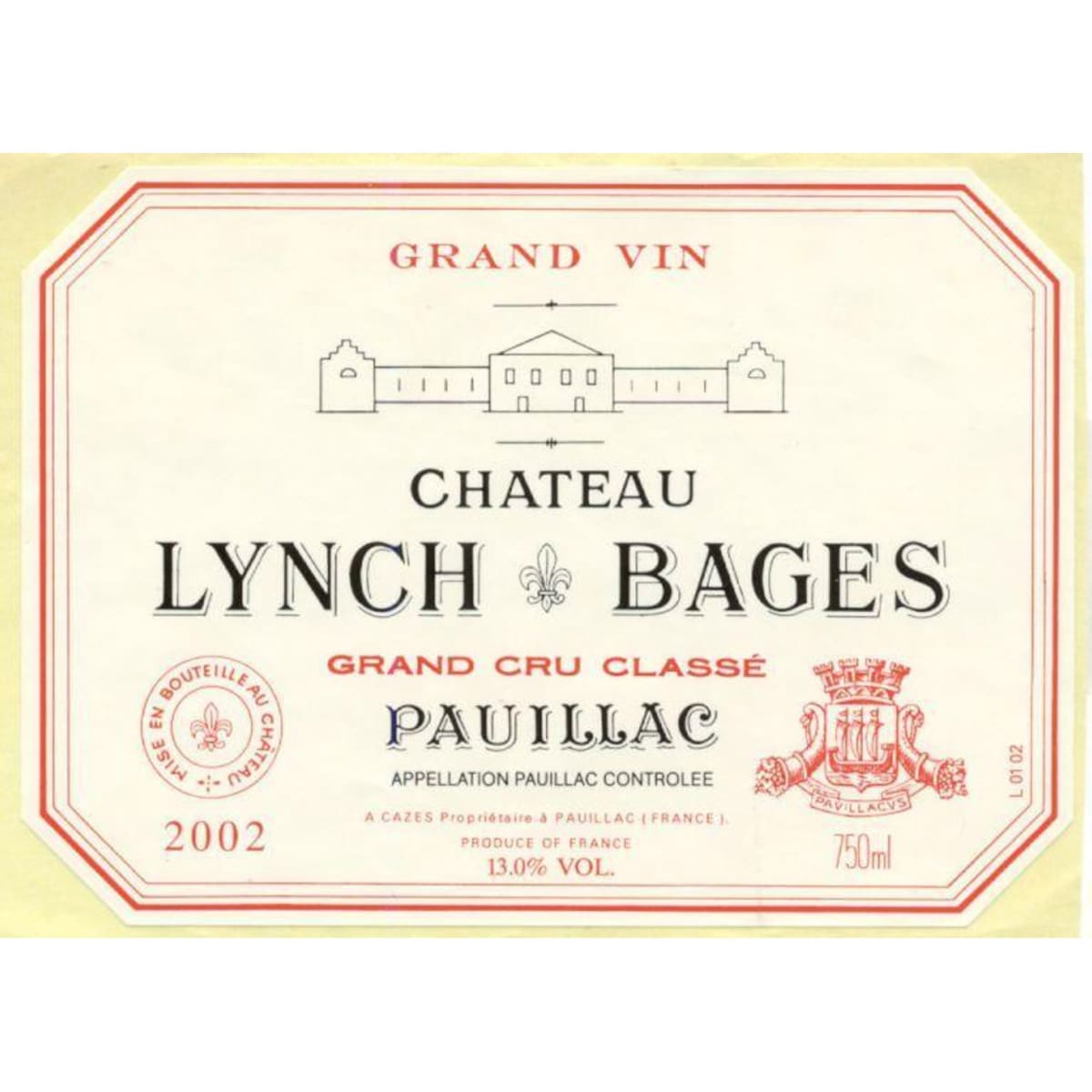 Chateau Lynch-Bages (stained label) 2002 Front Label