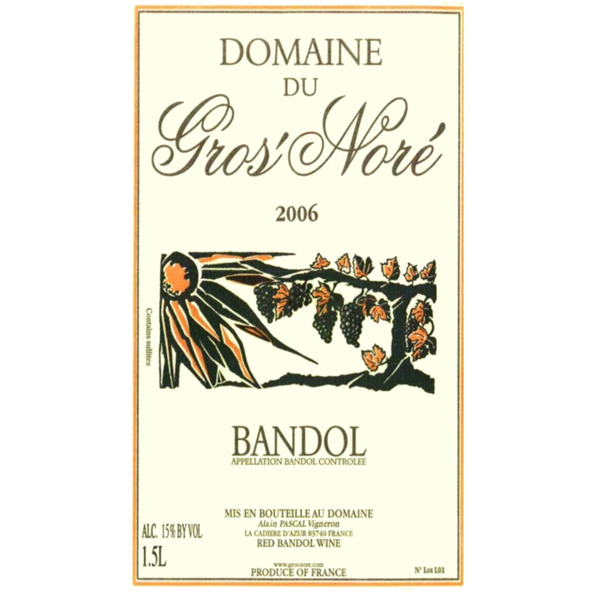 Domaine du Gros Nore Bandol Rouge 2006 Front Label