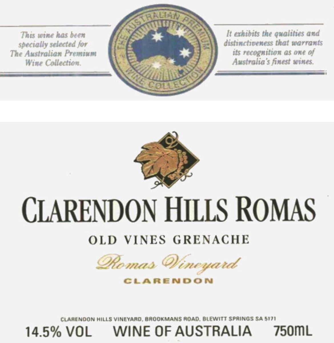 Clarendon Hills Romas Grenache 2000 Front Label