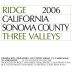 Ridge Three Valleys Zinfandel 2006 Front Label