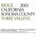 Ridge Three Valleys Zinfandel 2003 Front Label