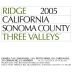 Ridge Three Valleys Zinfandel 2005 Front Label