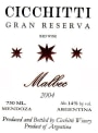 Bodega Cicchitti Gran Reserva Malbec 2004 Front Label