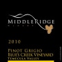 Middle Ridge Winery Blue's Creek Vineyard Pinot Grigio 2010 Front Label
