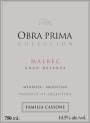 Familia Cassone Obra Prima Coleccion Gran Reserva Malbec 2008 Front Label