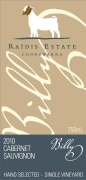 Raidis Estate Billy Cabernet Sauvignon 2010 Front Label