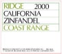 Ridge Coastal Range Zinfandel 2000 Front Label