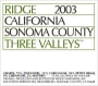 Ridge Three Valleys Red 2003 Front Label