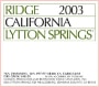 Ridge Lytton Springs Zinfandel 2003 Front Label