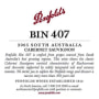 Penfolds Bin 407 Cabernet Sauvignon 2005 Front Label