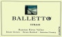 Balletto Winery Syrah 2014 Front Label