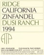 Ridge Dusi Ranch Zinfandel 1994  Front Label