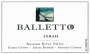 Balletto Winery Syrah 2016  Front Label