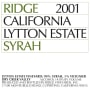 Ridge Lytton Estate Syrah 2001  Front Label