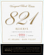 Vineyard Block Estate Block 821 Reserve Cabernet Sauvignon 2015  Front Label